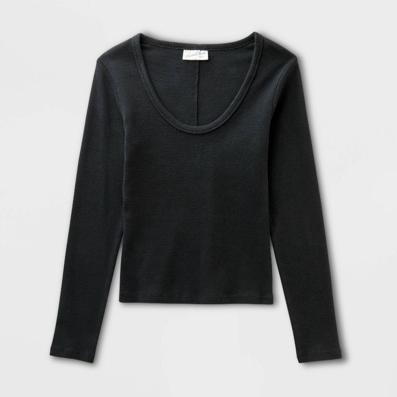 slide 4 of 4, Women's Slim Fit Long Sleeve Scoop Neck Ribbed T-Shirt - Universal Thread™ Black L, 1 ct