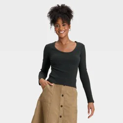 Women's Slim Fit Long Sleeve Scoop Neck Ribbed T-Shirt - Universal Thread™ Black XL