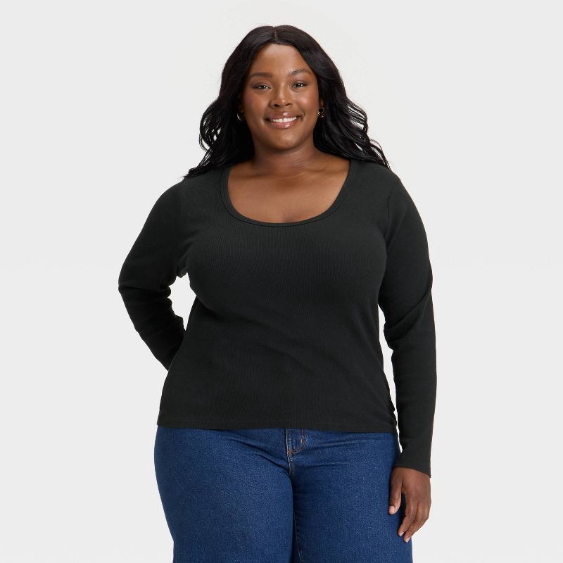 slide 1 of 3, Women's Slim Fit Long Sleeve Scoop Neck Ribbed T-Shirt - Universal Thread™ Black XXL, 1 ct