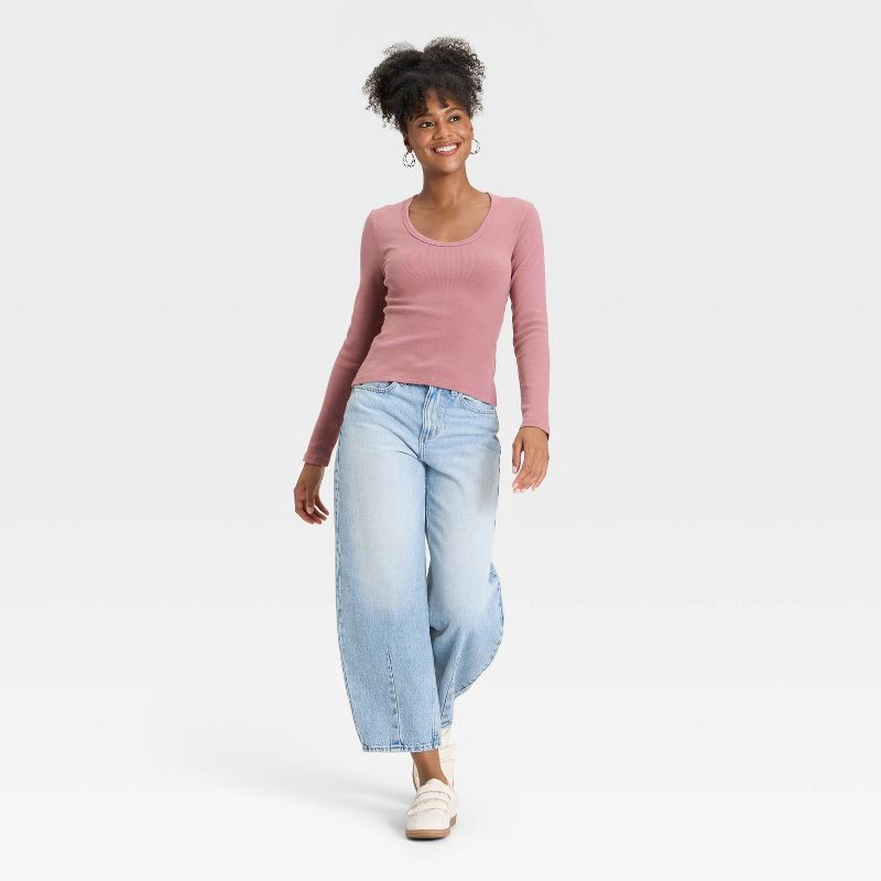 slide 3 of 4, Women's Slim Fit Long Sleeve Scoop Neck Ribbed T-Shirt - Universal Thread™ Mauve XS, 1 ct