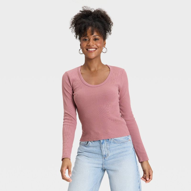 slide 1 of 4, Women's Slim Fit Long Sleeve Scoop Neck Ribbed T-Shirt - Universal Thread™ Mauve M, 1 ct