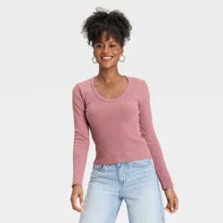 Women's Slim Fit Long Sleeve Scoop Neck Ribbed T-Shirt - Universal Thread™ Mauve XL