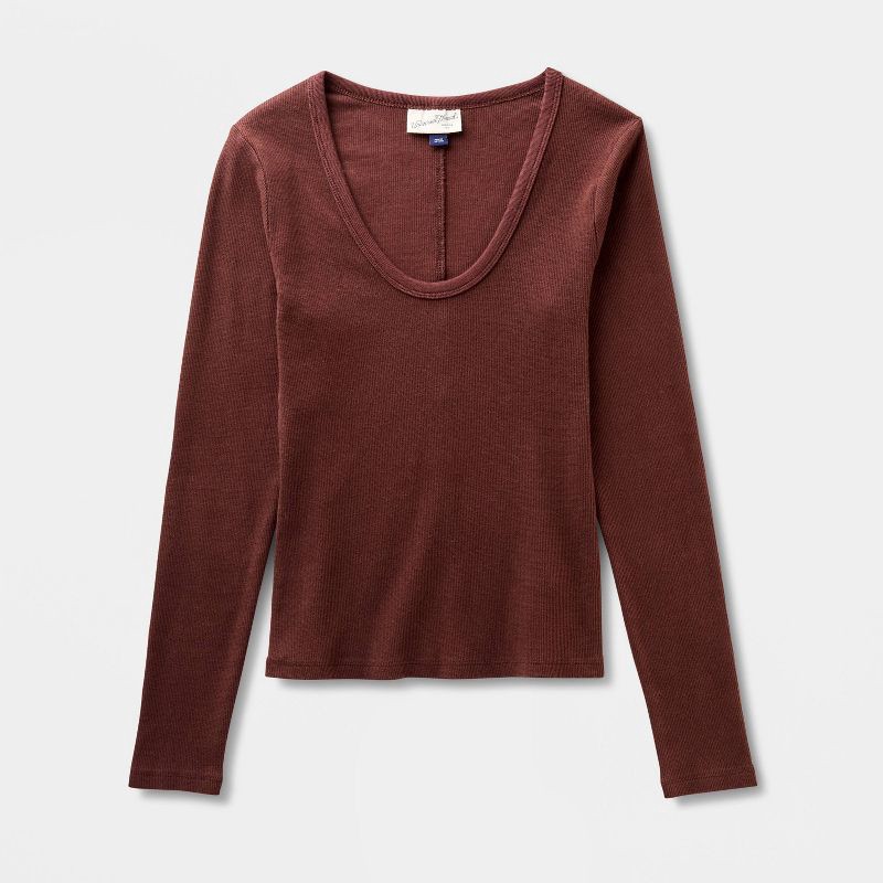 slide 4 of 4, Women's Slim Fit Long Sleeve Scoop Neck Ribbed T-Shirt - Universal Thread™ Brown XL, 1 ct