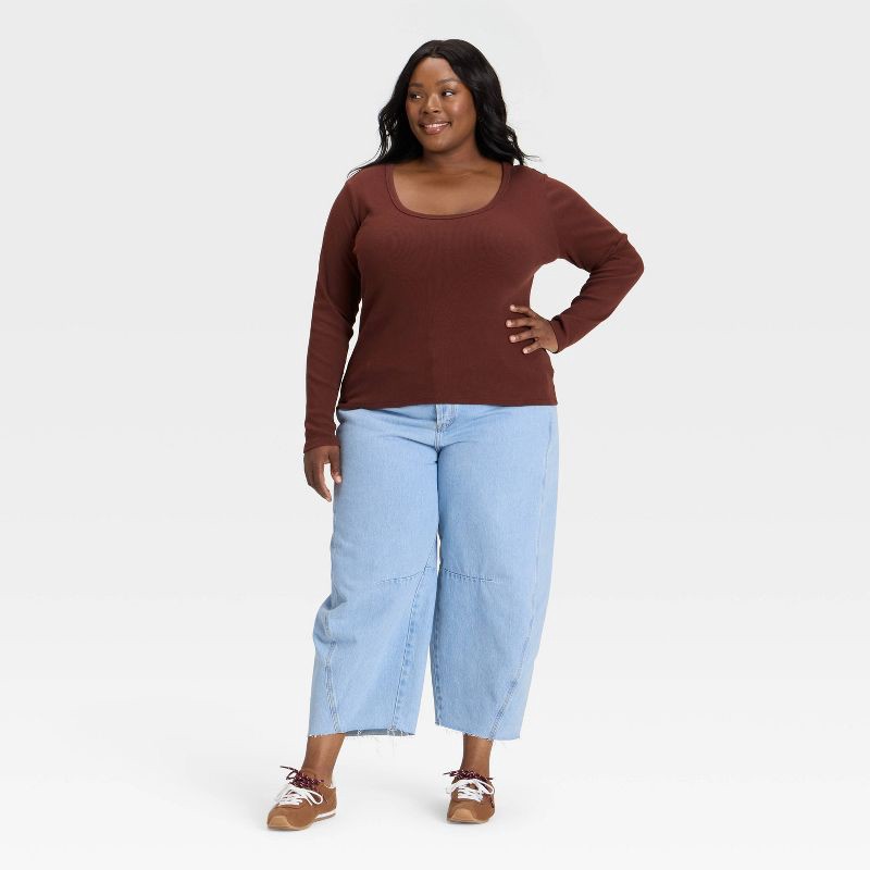 slide 3 of 3, Women's Slim Fit Long Sleeve Scoop Neck Ribbed T-Shirt - Universal Thread™ Brown XXL, 1 ct