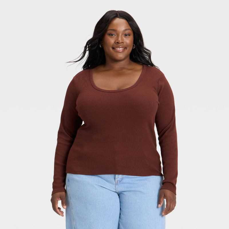 slide 1 of 3, Women's Slim Fit Long Sleeve Scoop Neck Ribbed T-Shirt - Universal Thread™ Brown XXL, 1 ct