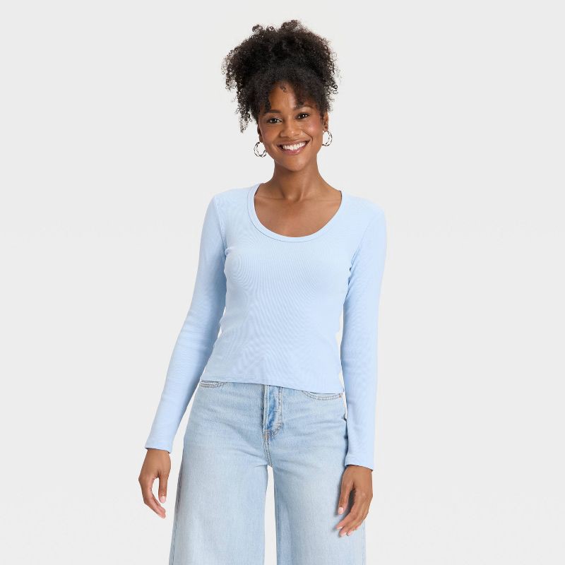 slide 1 of 4, Women's Slim Fit Long Sleeve Scoop Neck Ribbed T-Shirt - Universal Thread™ Light Blue S, 1 ct