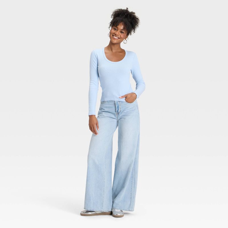 slide 3 of 4, Women's Slim Fit Long Sleeve Scoop Neck Ribbed T-Shirt - Universal Thread™ Light Blue M, 1 ct