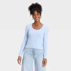 Women's Slim Fit Long Sleeve Scoop Neck Ribbed T-Shirt - Universal Thread™ Light Blue L
