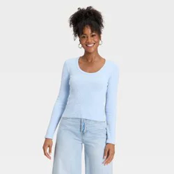 Women's Slim Fit Long Sleeve Scoop Neck Ribbed T-Shirt - Universal Thread™ Light Blue XL