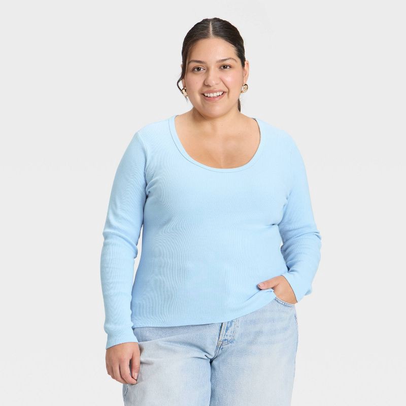 slide 1 of 3, Women's Slim Fit Long Sleeve Scoop Neck Ribbed T-Shirt - Universal Thread™ Light Blue XXL, 1 ct