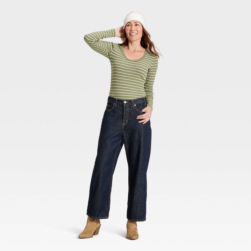 slide 3 of 4, Women's Slim Fit Long Sleeve Scoop Neck Ribbed T-Shirt - Universal Thread™ Olive Green Striped M, 1 ct