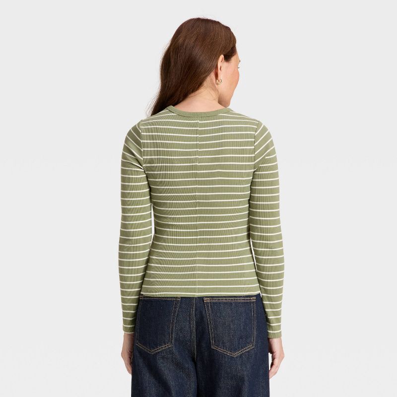 slide 2 of 4, Women's Slim Fit Long Sleeve Scoop Neck Ribbed T-Shirt - Universal Thread™ Olive Green Striped L, 1 ct