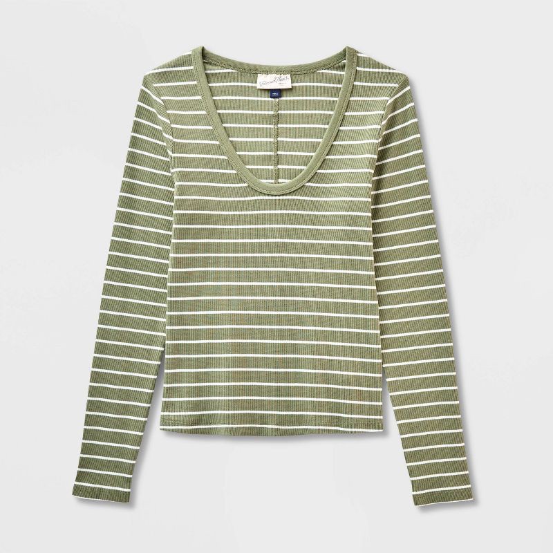 slide 4 of 4, Women's Slim Fit Long Sleeve Scoop Neck Ribbed T-Shirt - Universal Thread™ Olive Green Striped L, 1 ct