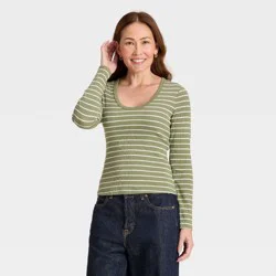 Women's Slim Fit Long Sleeve Scoop Neck Ribbed T-Shirt - Universal Thread™ Olive Green Striped XL