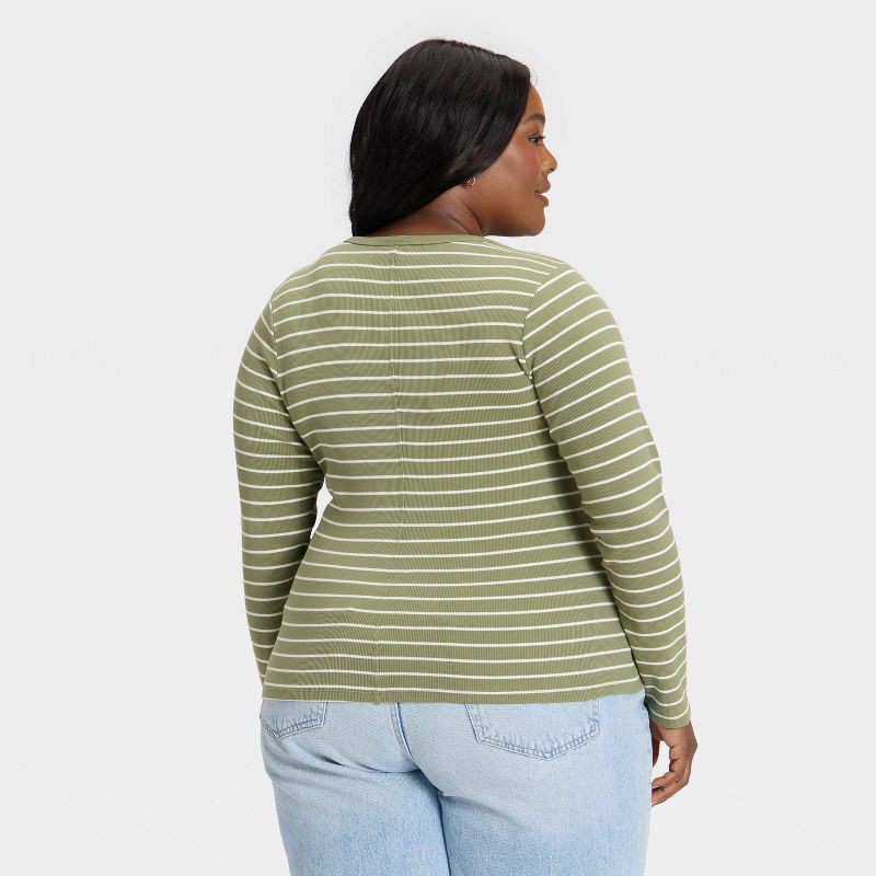 slide 2 of 3, Women's Slim Fit Long Sleeve Scoop Neck Ribbed T-Shirt - Universal Thread™ Olive Green Striped XXL, 1 ct
