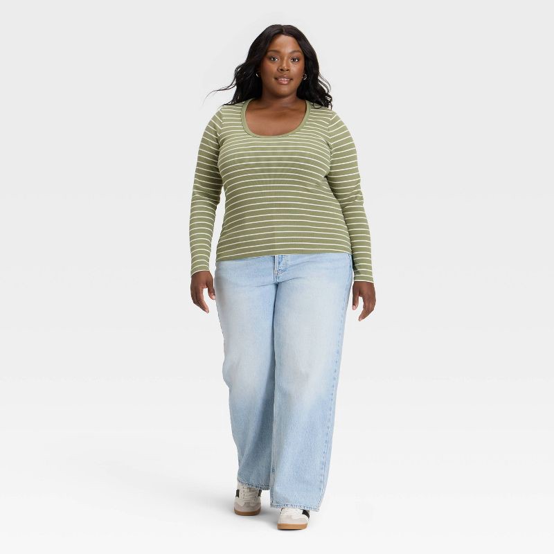 slide 3 of 3, Women's Slim Fit Long Sleeve Scoop Neck Ribbed T-Shirt - Universal Thread™ Olive Green Striped XXL, 1 ct