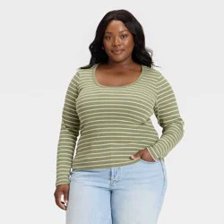 Women's Slim Fit Long Sleeve Scoop Neck Ribbed T-Shirt - Universal Thread™ Olive Green Striped XXL