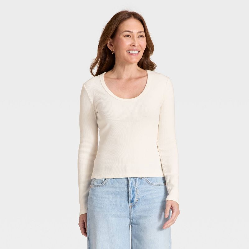 slide 1 of 4, Women's Slim Fit Long Sleeve Scoop Neck Ribbed T-Shirt - Universal Thread™ Cream XS, 1 ct