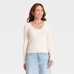 Women's Slim Fit Long Sleeve Scoop Neck Ribbed T-Shirt - Universal Thread™ Cream M