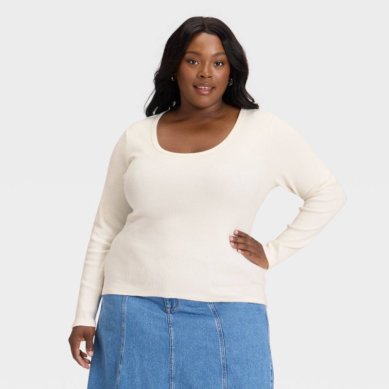 slide 1 of 3, Women's Slim Fit Long Sleeve Scoop Neck Ribbed T-Shirt - Universal Thread™ Cream XXL, 1 ct