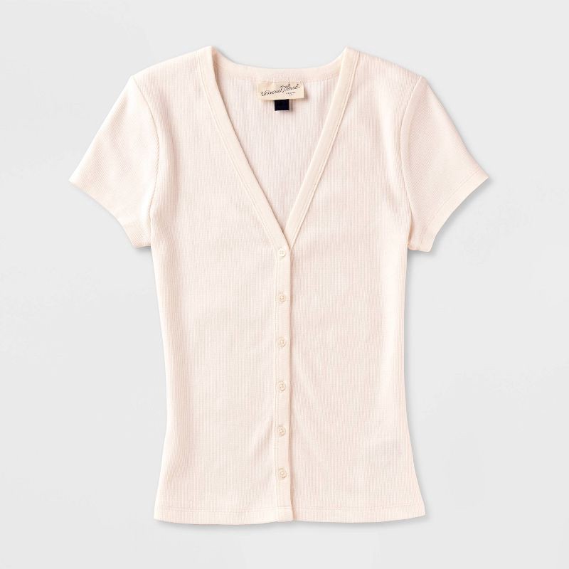 slide 4 of 4, Women's Short Sleeve V-Neck Button-Down Shirt - Universal Thread™ Cream S, 1 ct