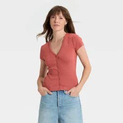 Women's Short Sleeve V-Neck Button-Down Shirt - Universal Thread™ Rust M