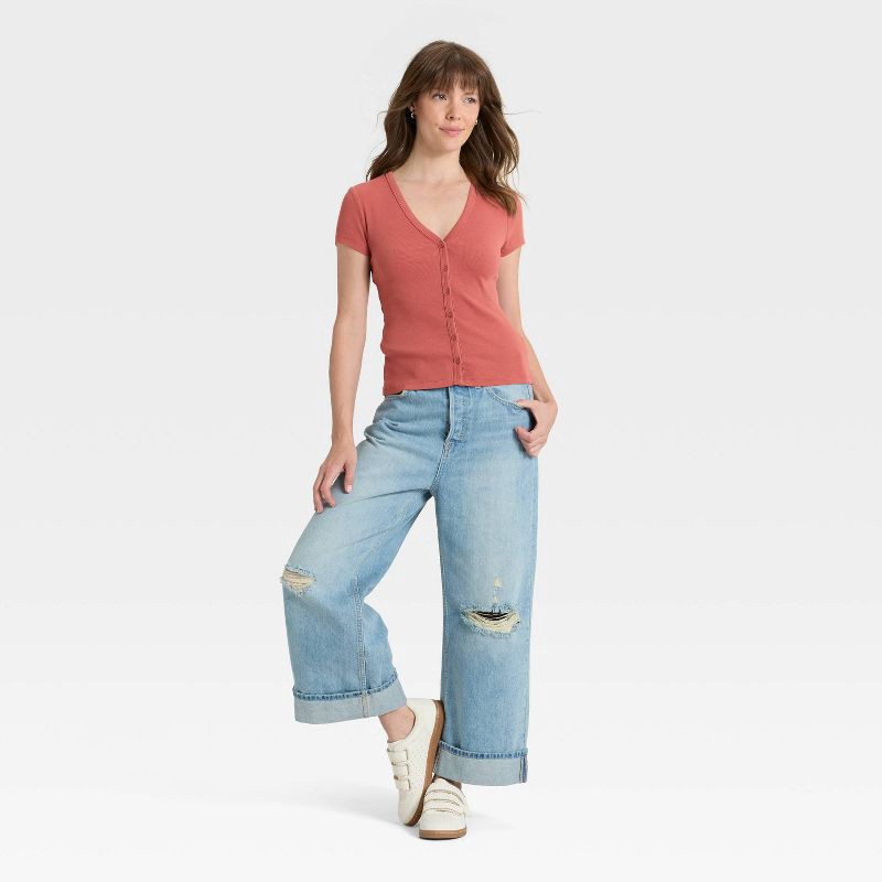 slide 3 of 4, Women's Short Sleeve V-Neck Button-Down Shirt - Universal Thread™ Rust L, 1 ct