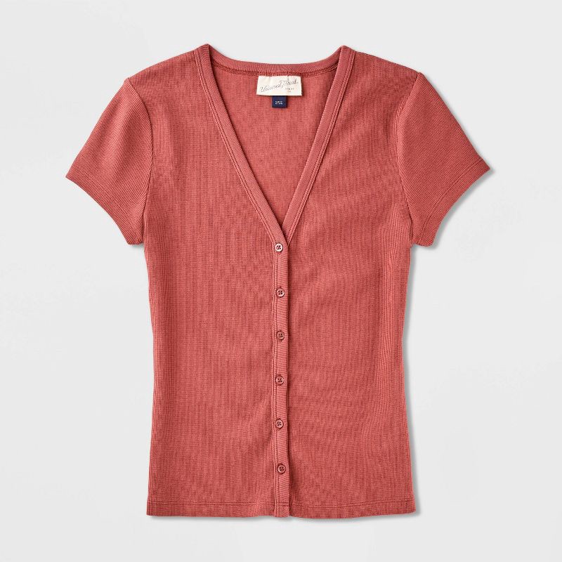 slide 4 of 4, Women's Short Sleeve V-Neck Button-Down Shirt - Universal Thread™ Rust XL, 1 ct