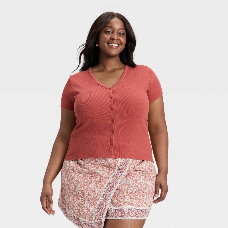 slide 1 of 3, Women's Short Sleeve V-Neck Button-Down Shirt - Universal Thread™ Rust XXL, 1 ct
