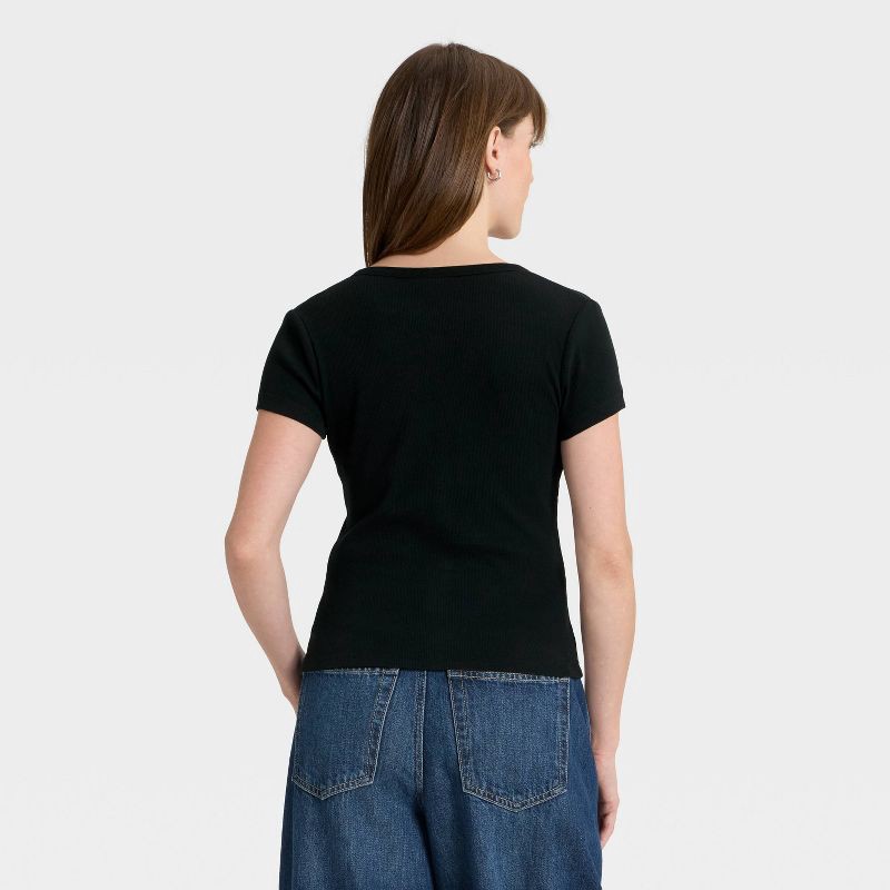 slide 2 of 4, Women's Short Sleeve V-Neck Button-Down Shirt - Universal Thread™ Black S, 1 ct
