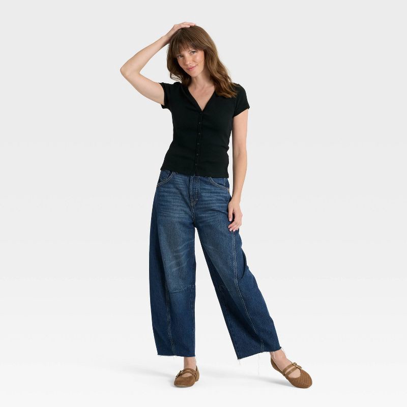 slide 3 of 4, Women's Short Sleeve V-Neck Button-Down Shirt - Universal Thread™ Black M, 1 ct