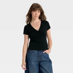 Women's Short Sleeve V-Neck Button-Down Shirt - Universal Thread™ Black M