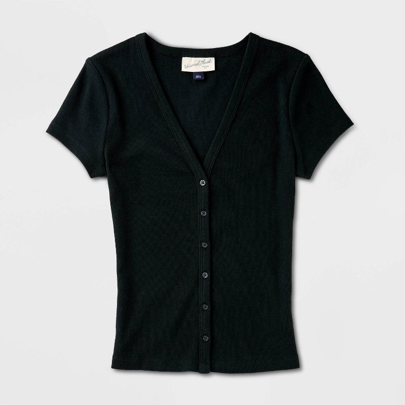 slide 4 of 4, Women's Short Sleeve V-Neck Button-Down Shirt - Universal Thread™ Black XXL, 1 ct