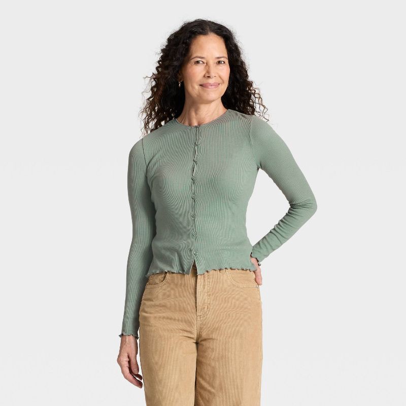 slide 1 of 4, Women's Ribbed Button-Down Cardigan - Universal Thread™ Green XS, 1 ct