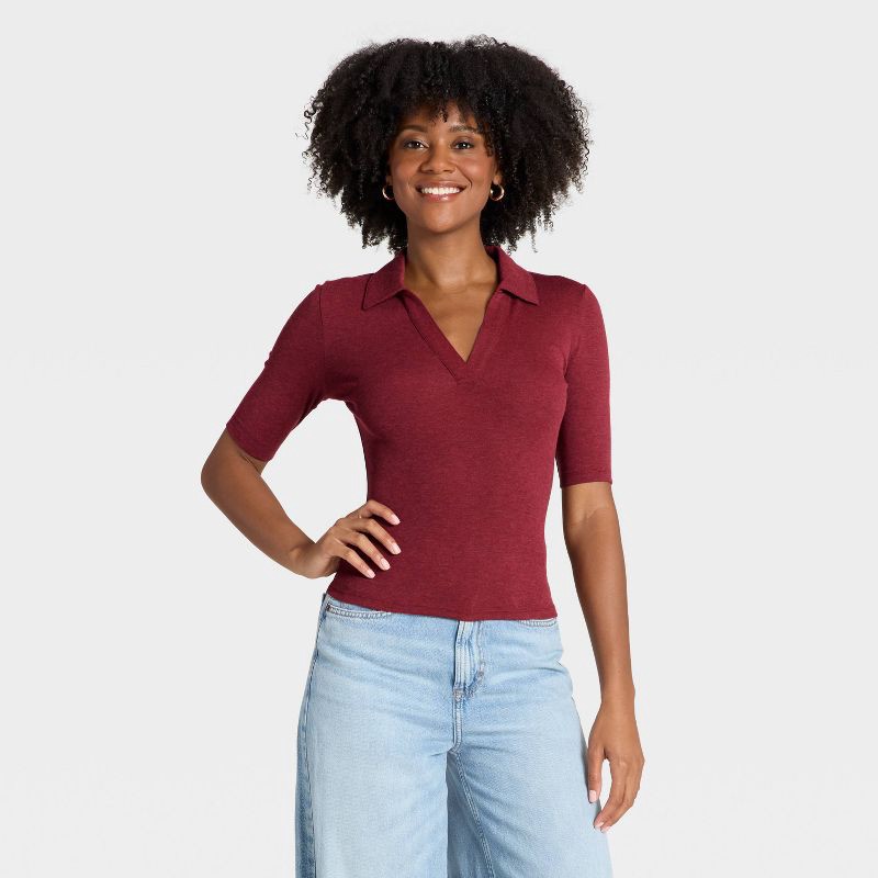 slide 1 of 4, Women's Elbow Sleeve Polo Shirt - Universal Thread™ Heather Burgundy S, 1 ct