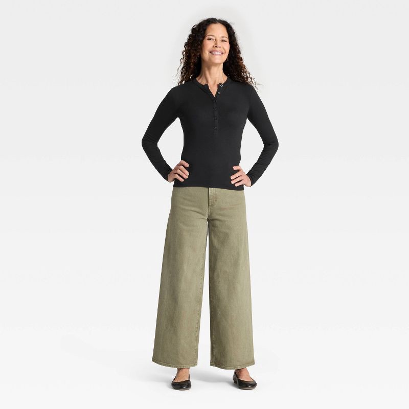 slide 3 of 4, Women's Long Sleeve Henley Shirt - Universal Thread™ Black S, 1 ct