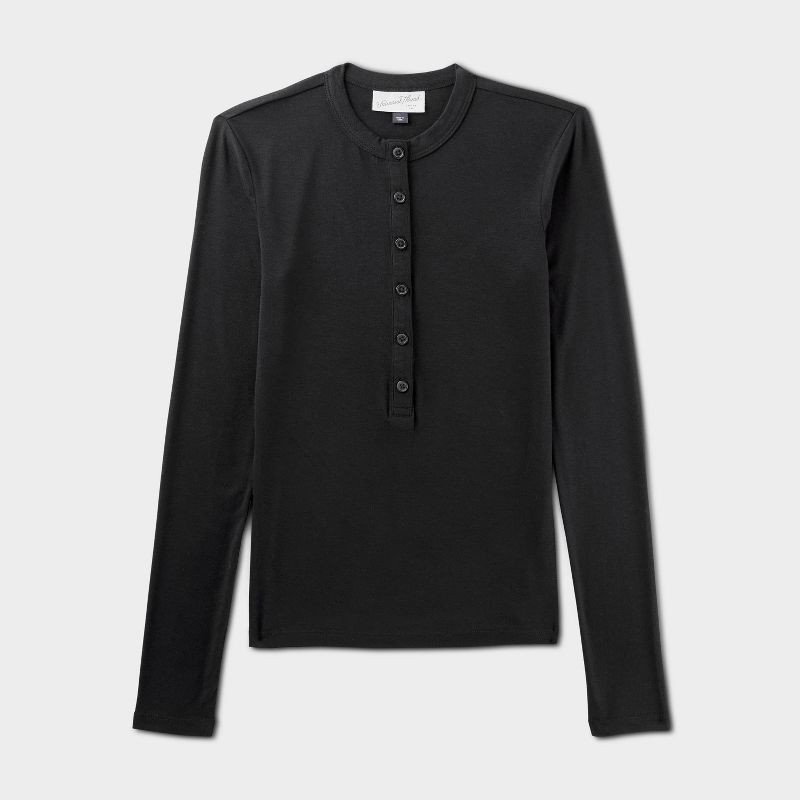 slide 4 of 4, Women's Long Sleeve Henley Shirt - Universal Thread™ Black S, 1 ct