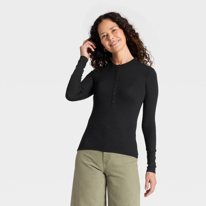 slide 1 of 4, Women's Long Sleeve Henley Shirt - Universal Thread™ Black XL, 1 ct