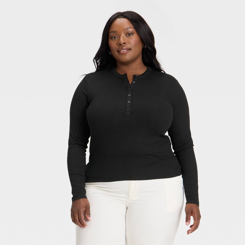 slide 1 of 3, Women's Long Sleeve Henley Shirt - Universal Thread™ Black XXL, 1 ct