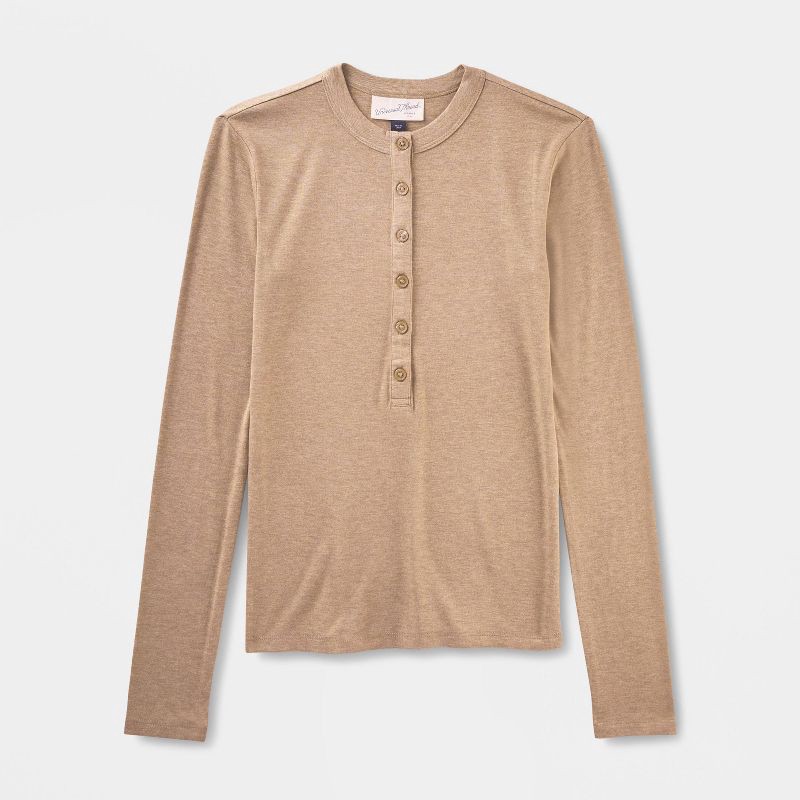 slide 4 of 4, Women's Long Sleeve Henley Shirt - Universal Thread™ Heather Taupe S, 1 ct