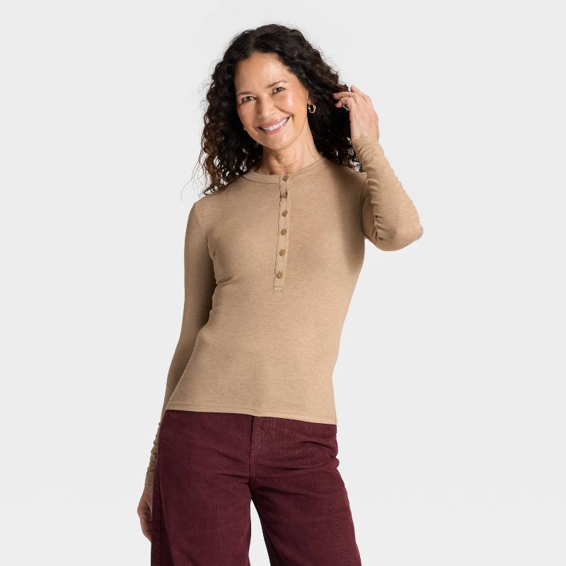 slide 1 of 4, Women's Long Sleeve Henley Shirt - Universal Thread™ Heather Taupe S, 1 ct