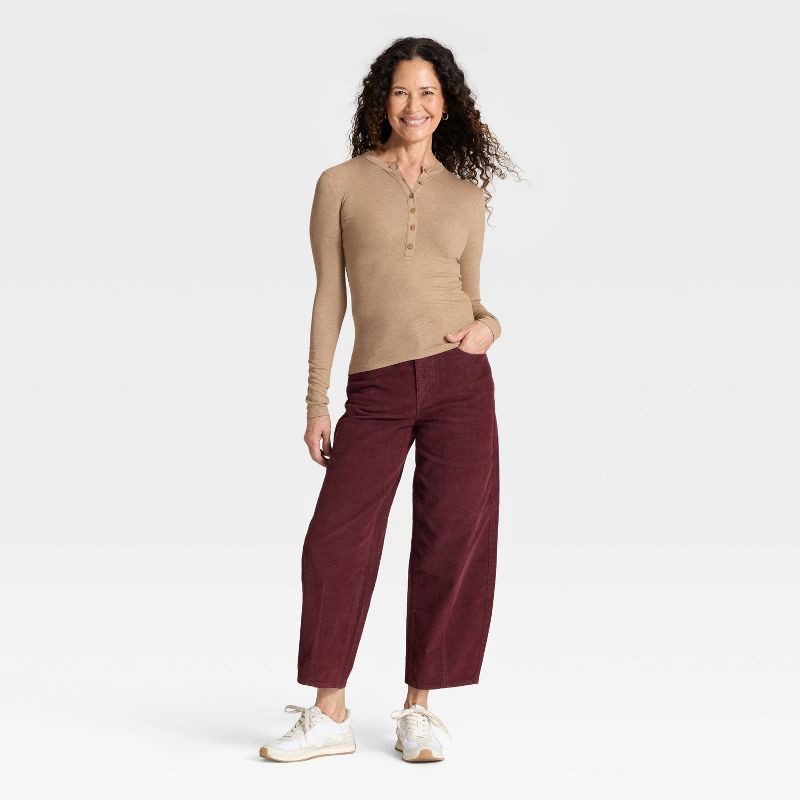 slide 3 of 4, Women's Long Sleeve Henley Shirt - Universal Thread™ Heather Taupe M, 1 ct