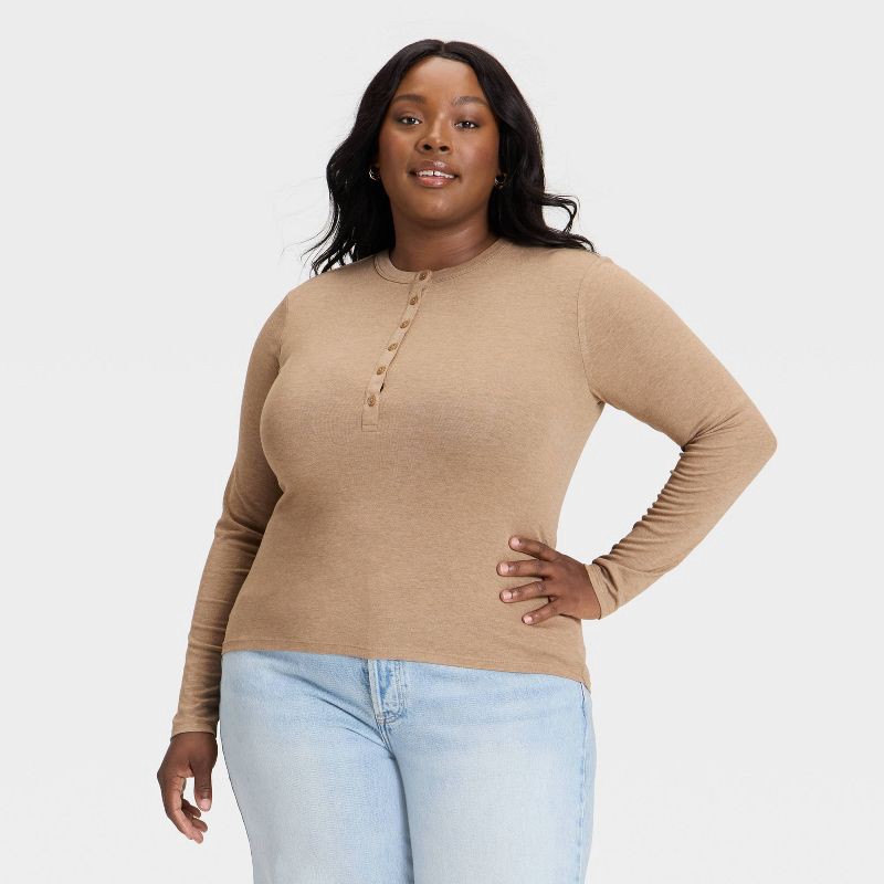 slide 1 of 3, Women's Long Sleeve Henley Shirt - Universal Thread™ Heather Taupe XXL, 1 ct