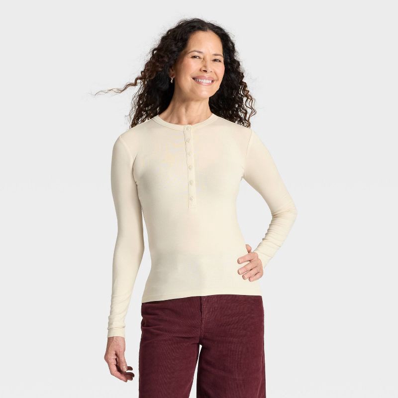 slide 1 of 4, Women's Long Sleeve Henley Shirt - Universal Thread™ Cream XS, 1 ct