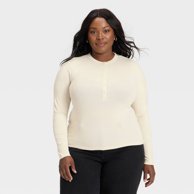 slide 1 of 3, Women's Long Sleeve Henley Shirt - Universal Thread™ Cream XXL, 1 ct