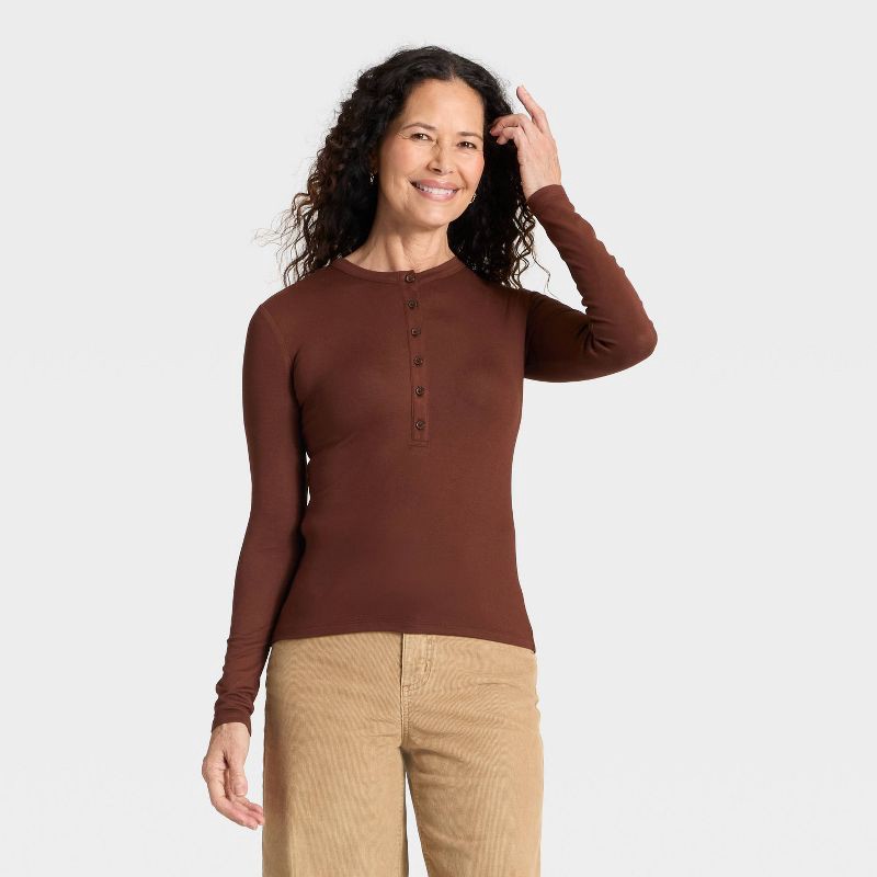 slide 1 of 4, Women's Long Sleeve Henley Shirt - Universal Thread™ Brown S, 1 ct