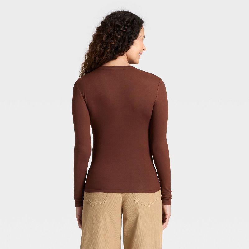 slide 2 of 4, Women's Long Sleeve Henley Shirt - Universal Thread™ Brown M, 1 ct