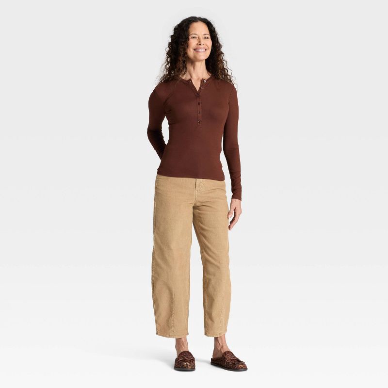 slide 3 of 4, Women's Long Sleeve Henley Shirt - Universal Thread™ Brown L, 1 ct