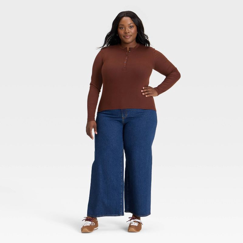 slide 3 of 3, Women's Long Sleeve Henley Shirt - Universal Thread™ Brown XXL, 1 ct
