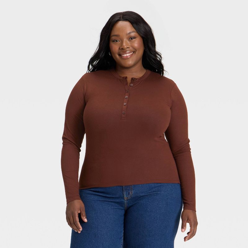 slide 1 of 3, Women's Long Sleeve Henley Shirt - Universal Thread™ Brown XXL, 1 ct